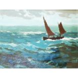 Donald McIntyre: a framed oil on board entitled "FishingBoat, Blue Sea" - signed DMc - 8 1/2" X