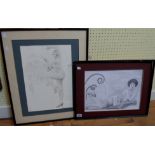 Two Art Deco style pencil drawings, one a nude female dancing - signed Dave Alford, the other a