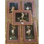 Five matching modern gilt bamboo effect framed oriental paintings, depicting females in