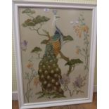 A large framed silk embroidery picture, depicting a perching peacock and flowering branches