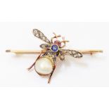 A cased late Victorian rose metal insect pattern bar brooch with sapphire to thorax, rose diamond