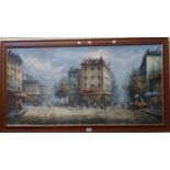 P. Robertson: a framed oil on canvas, depicting a panoramic French street scene with figures and