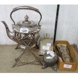A silver plated spirit kettle on rustic pattern stand, globular inkwell, coal scuttle shaped sugar