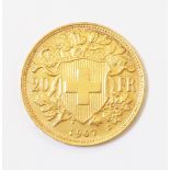 A 1947 Swiss gold 20 Franc coin