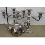A pair of silver plated three branch candelabra - sold with a Victorian silver plated teapot