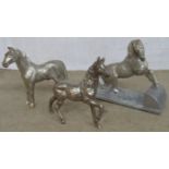 Three small silver plated horse pattern table ornaments - one a/f