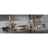 A silver plated entree dish, wine cooler, egg cruet, pair of oval dishes, gravy boats, etc.