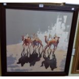 A stained wood framed coloured print, depicting Tuareg camel riders in the desert approaching a city