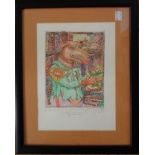 An ebonised framed Hungarian coloured and gilt detailed cartoon print - with pencil text under