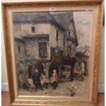 Three ornate gilt framed oleographs on canvas comprising a tavern scene, a mill scene and another