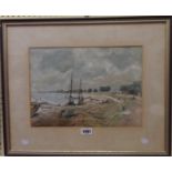 Joseph Pighills: a framed watercolour, depicting beached boats at New Maldon, Essex - signed - 10" X