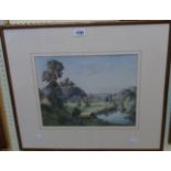 Muriel Buckler: a gilt framed watercolour, depicting a river landscape with town in distance -