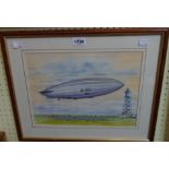 A framed modern watercolour, depicting the R-100 rigid airship with mooring tower and figures