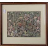 M. Karta: a framed Balinese watercolour, depicting a ceremony with figures and dragons - signed
