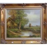 A modern ornate gilt framed oil on canvas, depicting a rural thatched cottage and pond