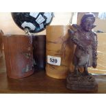 Three Oriental brush pots and carved wood figure