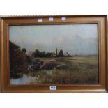 Frank Aldworth: a gilt framed oil on canvas, depicting sheep by a pool in a Fenland landscape with