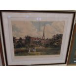 An antique Hogarth framed coloured engraving: Repton School, a cricket match - signed in pencil by