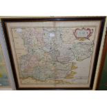 A Hogarth framed Robert Morden hand coloured map print of Essex - central fold stain - 13 1/2" X
