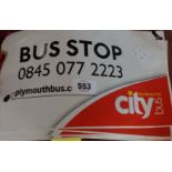 A collection of Plymouth Bus stop signs and a London Transport bus blind