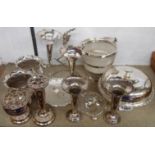 A silver plated muffin dish, epergne, ice bucket, etc.