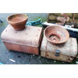 Two tin trunks and two terracotta pots