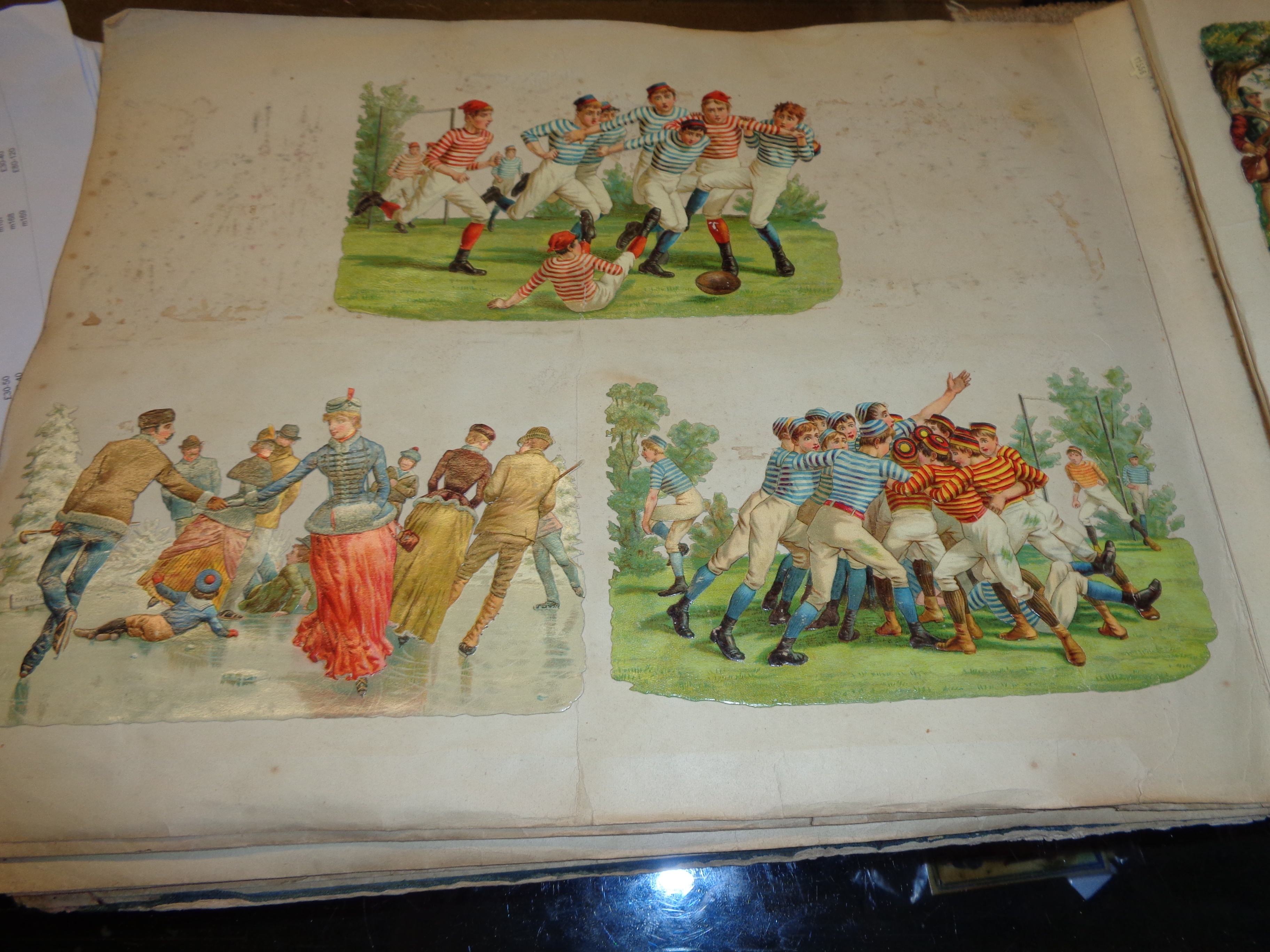 A Victorian scrap album including early rugby, military, figures and animals, etc - various - Image 13 of 17