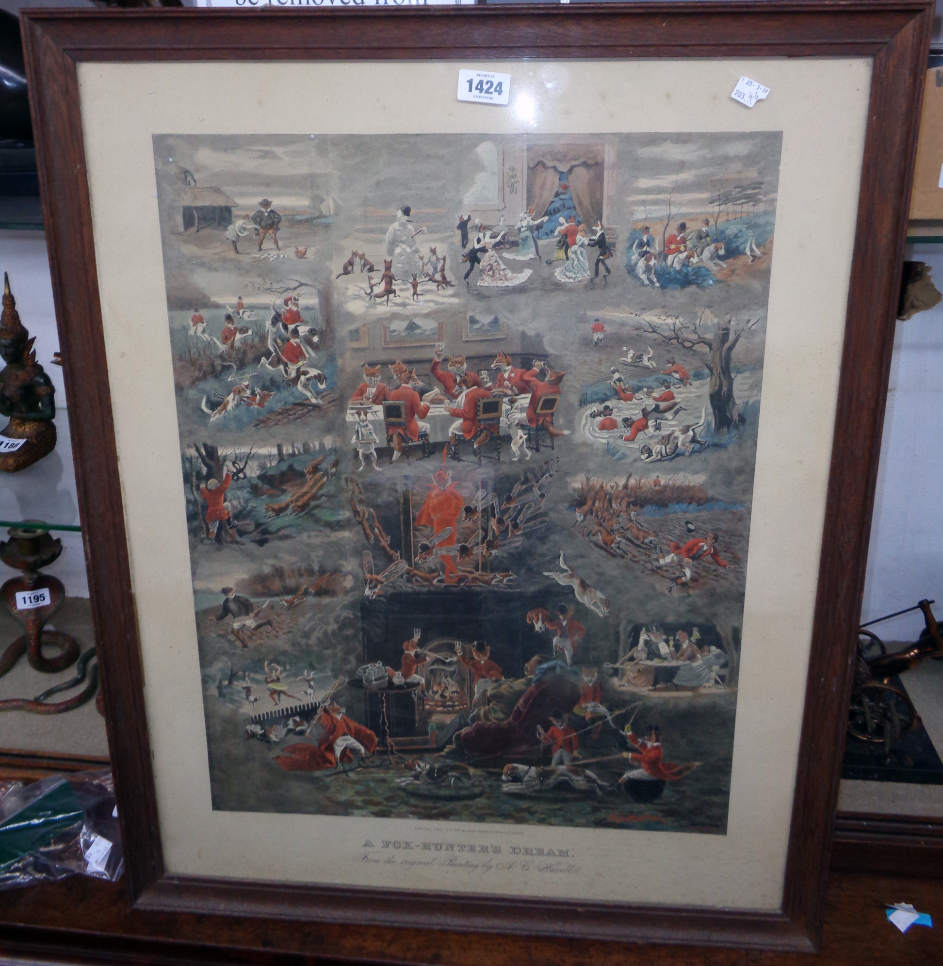 An oak framed late 19th Century Fores coloured print, entitled "A Fox-Hunter's Dream"
