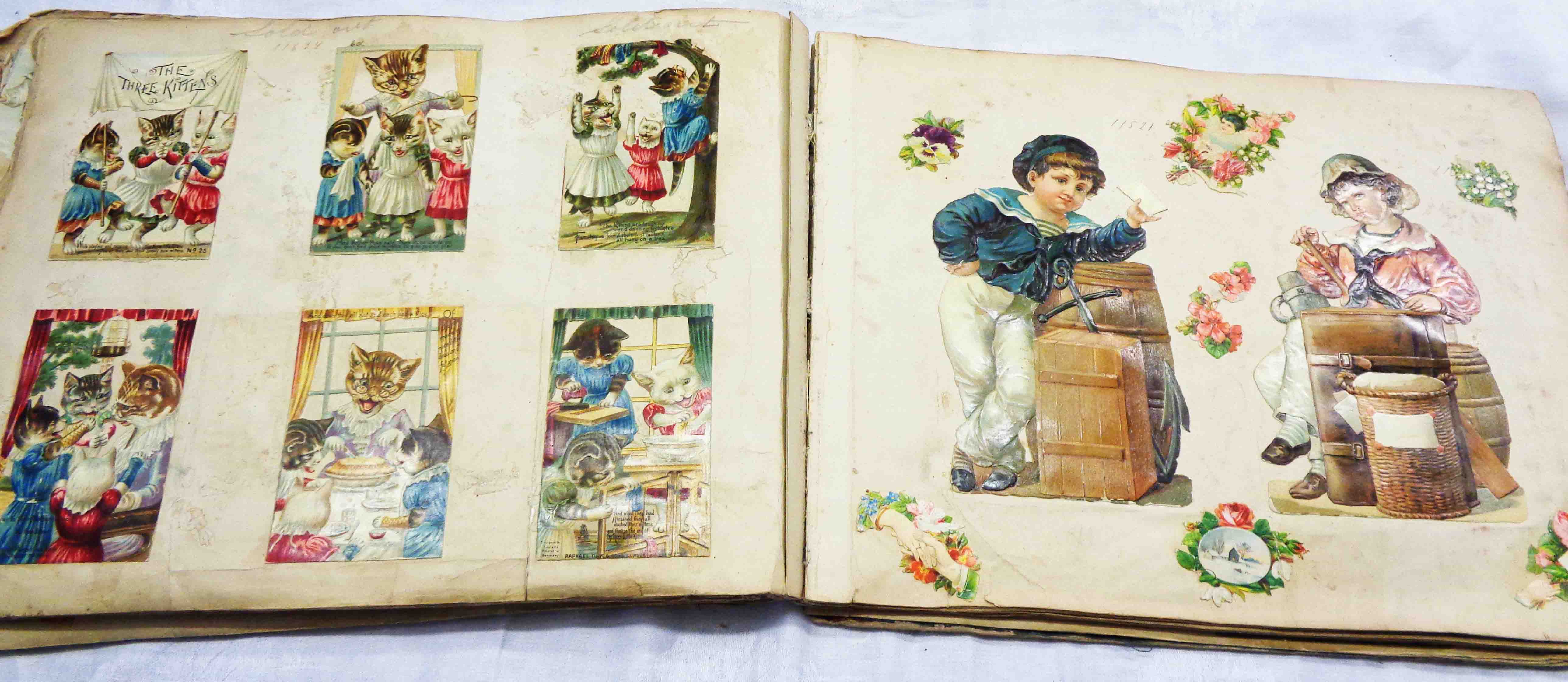 A Victorian scrap album including early rugby, military, figures and animals, etc - various