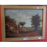 A gilt framed 19th Century English school oil on canvas, depicting a figure visiting a rural cottage