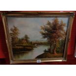 An ornate gilt framed oil on board, depicting a river landscape with building and bridge -