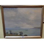 †Hugh E. Ridge: a gilt framed oil on canvas, depicting shipping passing the a rocky shoreline (