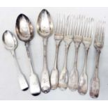Four Victorian Glasgow silver fiddle pattern dinner forks, an Edinburgh silver table spoon and