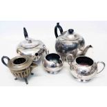 A silver plated three piece tea set with engraved decoration, BM teapot and jug