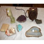 Various mineral samples including amethyst, onyx ashtray, hemimorphite, etc.