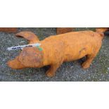 A cast iron garden pig with rusted finish