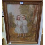 A gilt framed oil on canvas portrait of twin girls on a woodland path with posies - 21 1/2" X 15 1/