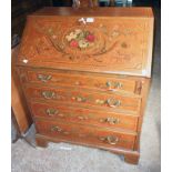 A 30" early 20th Century painted and lined satin birch bureau with profuse floral bouquet and swag