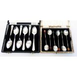 A cased set of six silver teaspoons - sold with a cased set of six silver coffee bean spoons with