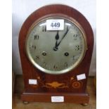 An Edwardian inlaid mahogany dome top mantel clock with Junghans eight day gong striking movement