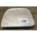 A Victorian Bovey Tracey clay test tablet inscribed, "James Kelly, Bovey Tracey March 8th 1881, Clay