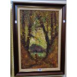 George Deakin: a framed oil on board abstract wooded landscape - signed - 23 3/4" X 15 1/4"