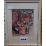 A small framed Kate Greenaway coloured print, depicting a group of children with a cherry vendor
