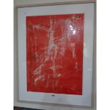 A framed modern abstract watercolour study in red - indistinctly signed