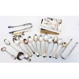 A collection of antique and later silver teaspoons, caddy, mustard and sugar tongs - sold with a
