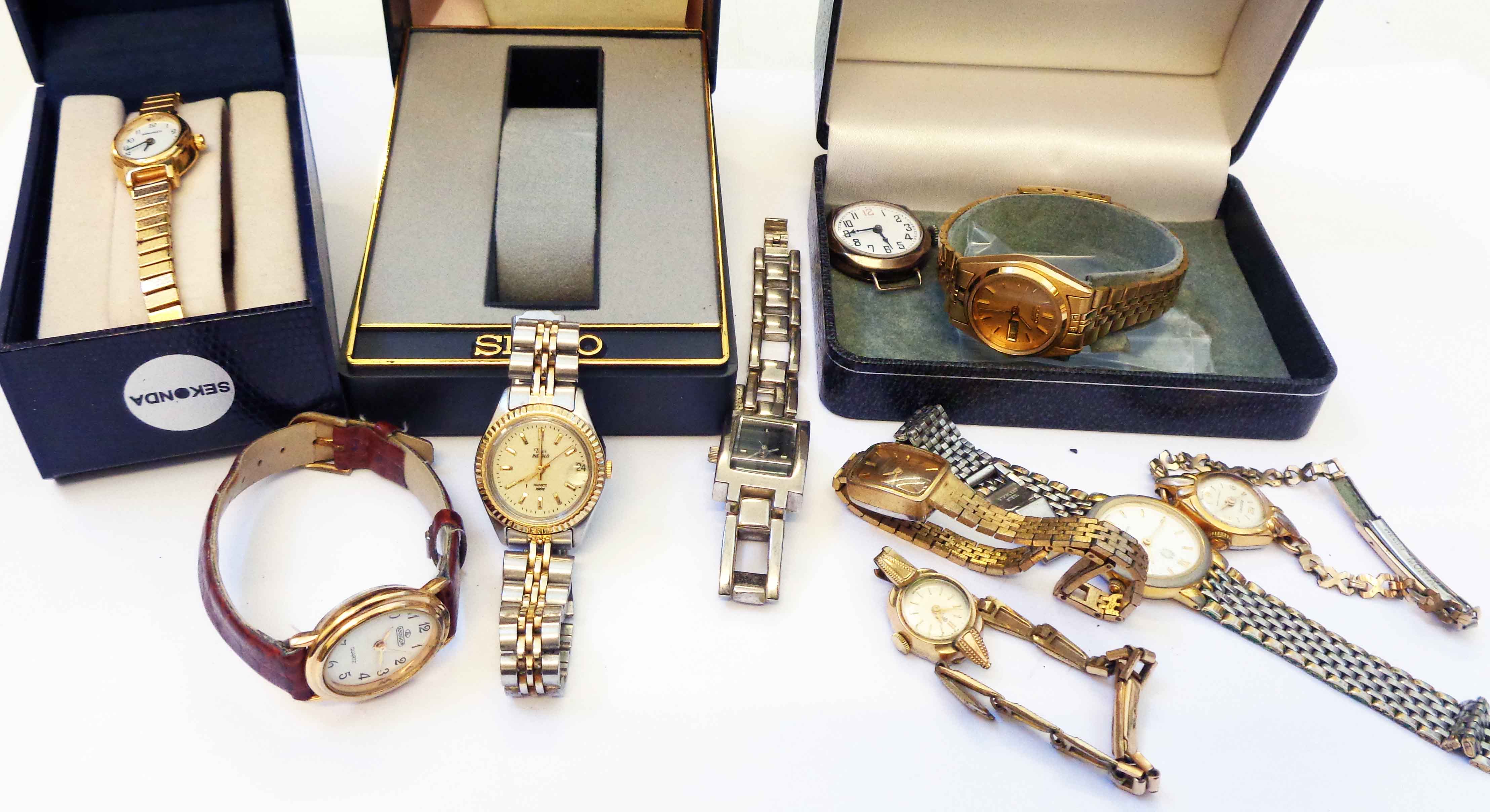 A quantity of assorted boxed and loose lady's wristwatches including Seiko, Sekonda, Rotary, etc.,