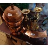 A Trench Art shell case with pierced shamrock decoration (a/f), copper and iron pot stand, etc.