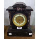 A late Victorian black slate and marble cased mantel timepiece with eight day movement - pendulum