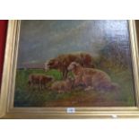 A gilt framed 19th Century oil painting, depicting sheep and lambs in a landscape - indistinctly