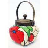 A Clarice Cliff Bizarre Scarlet Flower pattern preserve pot with nickel lid and handle